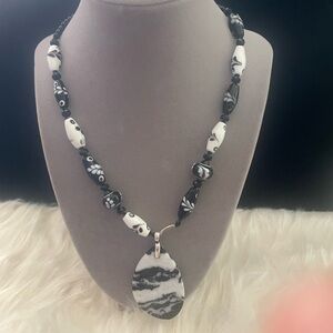 Elegant Black and White Beaded Glass and Sterling Necklace